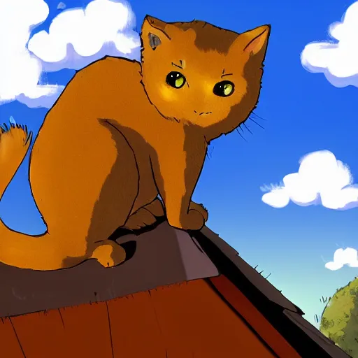 Prompt: golden cat with a black spot on her trunk, an old house with a window over a hill, blue sky, trending on artstation, trending on deviantart, by studio ghibli