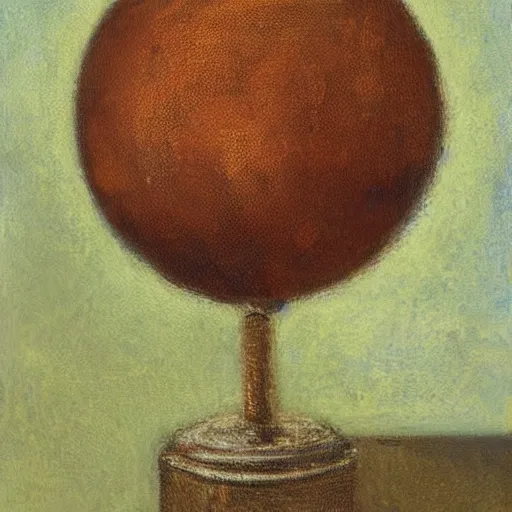 Image similar to impressionist painting of a spherical boulder on a pedestal with a match stick in its side, brown background