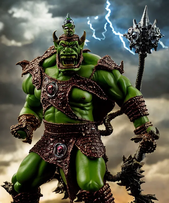 Prompt: hyperrealistic rendering, epic boss battle, ornate supreme orc goblin overlord, jewel crown, war armor battle, by art of skinner and richard corben, product photography, collectible action figure, sofubi, hottoys, storm clouds, outside, lightning