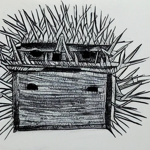 Prompt: very simple line drawing of a furnace with spiky toothed demons around it, pen on paper simple drawing by a 7 year old, no shading