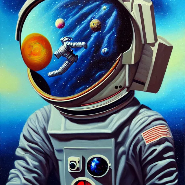 Image similar to an oil on canvas portrait painting of an astronaut, polycount, surrealism, surrealist, cosmic horror, high detail