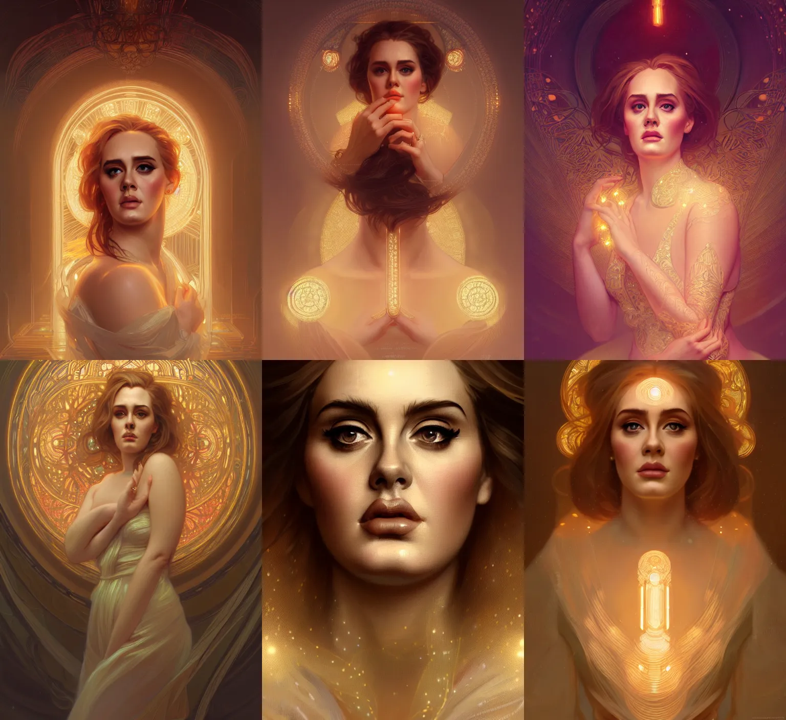 Prompt: portrait of adele, intricate, elegant, glowing lights, highly detailed, digital painting, artstation, glamor pose, concept art, smooth, sharp focus, illustration, art by wlop, alphonse mucha and greg rutkowski