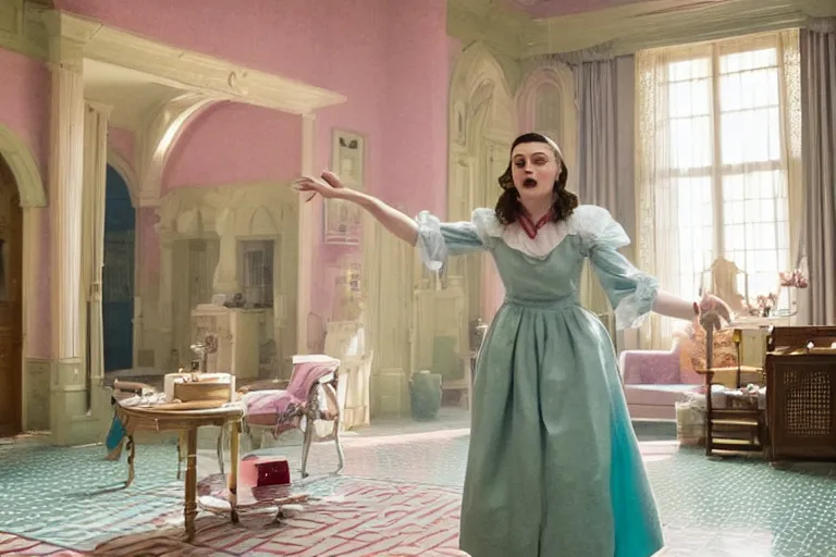 Image similar to mid-shot of Katie McGrath as the maid in the new movie directed by Wes Anderson, symmetrical shot, idiosyncratic, relentlessly detailed, pastel, limited colour palette, detailed face, movie still frame, promotional image, imax 70mm footage