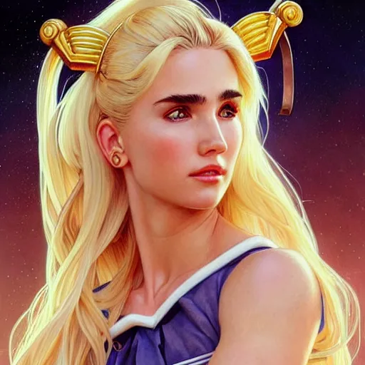 Image similar to Jennifer Connelly with blonde hair as Sailor Moon, western, D&D, fantasy, intricate, elegant, highly detailed, digital painting, artstation, concept art, matte, sharp focus, illustration, art by Artgerm and Greg Rutkowski and Alphonse Mucha