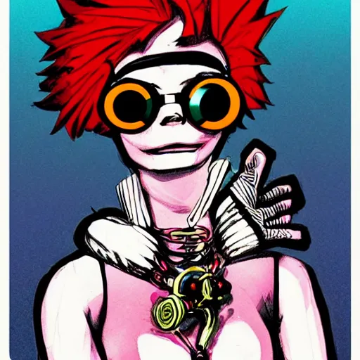 Image similar to cybergoth girl wearing goggles and eccentric jewelry by jamie hewlett, jamie hewlett art, full body character concept art, - h 7 6 8