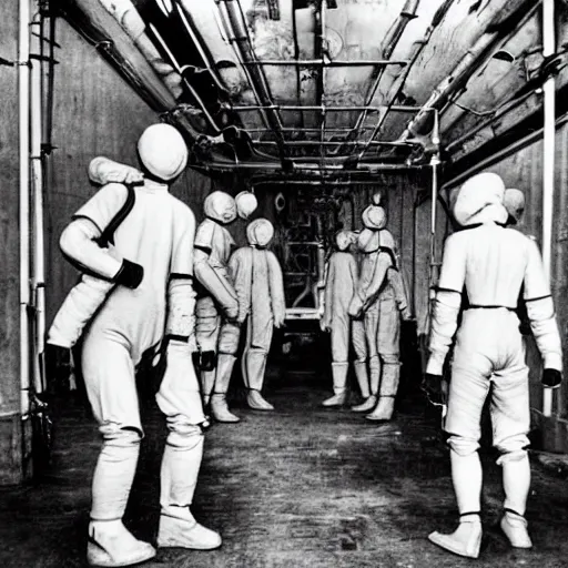 Image similar to old black and white photo, 1 9 1 3, depicting biomechanical aliens inside vats in a derelict tech lab, technicians in hazmat suits, historical record