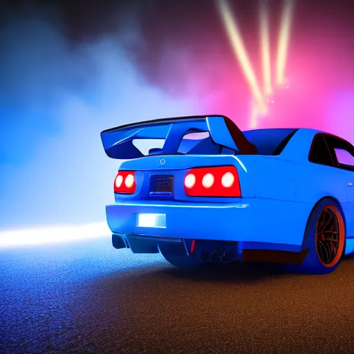 Image similar to electric blue R34 skyline with Canadian flag in the background, photography, 4k, volumetric lighting, glowing fog