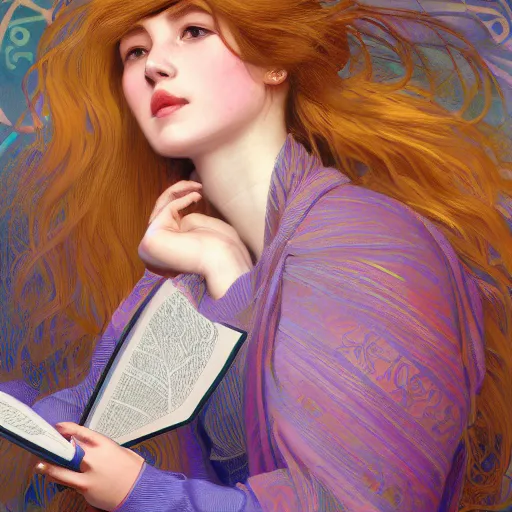 Prompt: a girl reading book, hair flowing down | hyperrealistic | action pose | digital painting | trending on artstation | pinup portrait | clean | illustration | dressed | Unreal Engine 5 | 8k resolution | by Greg Rutkowski Alphonse Mucha Gustav Klimt and Mel Ramos