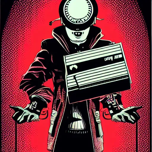 Image similar to Illustrated by Shepard Fairey and H.R. Geiger | Cyberpunk Clown Vampire with VR helmet, surrounded by cables