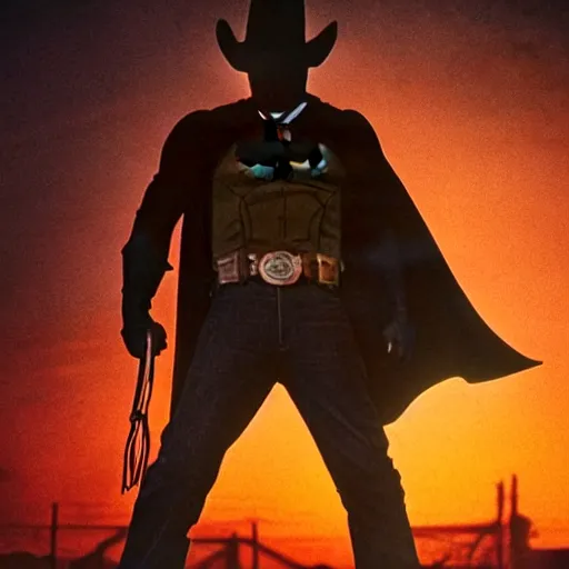 Image similar to batman in a cowboy hat stars in a gunslinger spaghetti western, movie still, dramatic lighting, sunset, vintage film