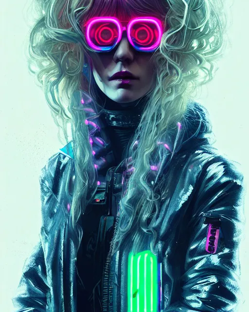 Prompt: detailed portrait neon operator lady, blonde long curly hair, cyberpunk futuristic, neon, reflective puffy coat, decorated with traditional japanese by ismail inceoglu dragan bibin hans thoma greg rutkowski alexandros pyromallis nekro rene margitte, illustrated, perfect face, fine details, realistic shaded, fine - face, pretty face