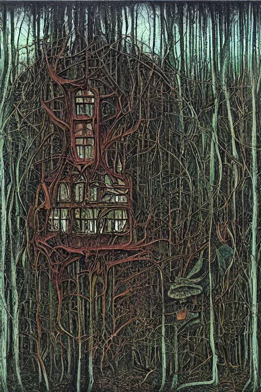 Image similar to a house in the forest by h. r. giger, painterly, alex grey, moebius