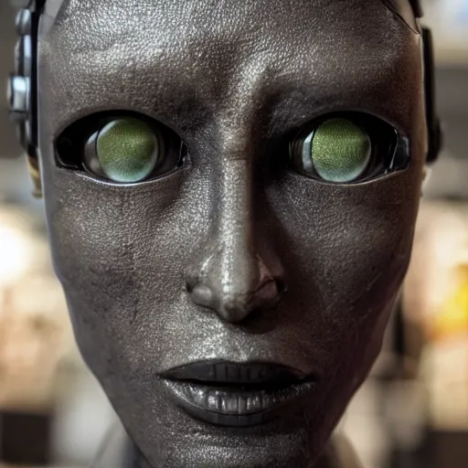 Image similar to photo of a cyborg!! in sale, in a store display, hiding a dark secret, synthetic skin!!!, highly detailed face, expressive face, cyberpunk, year 3022, medium close-up, depth of field, ISO 300, aperture f11, 1/100 obturation speed