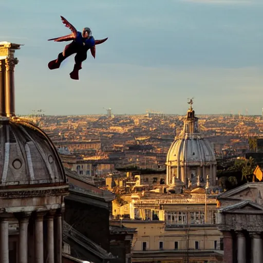 Prompt: Captain America flies over the cityscape of Rome. Filmed in the style of Wim Wenders. Cinematic, 50mm, highly intricate in technicolor