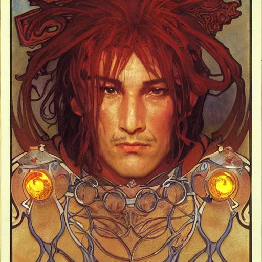 Prompt: face portrait of a male muscular latino short-haired sun cleric druid shaman, flame conjuring, strong, benevolent, healing, friendly, intelligent, armored, by Alphonse Mucha, Ayami Kojima, Amano, Charlie Bowater, Karol Bak, Greg Hildebrandt, Jean Delville, and Mark Brooks, dnd, dungeons and dragons character art