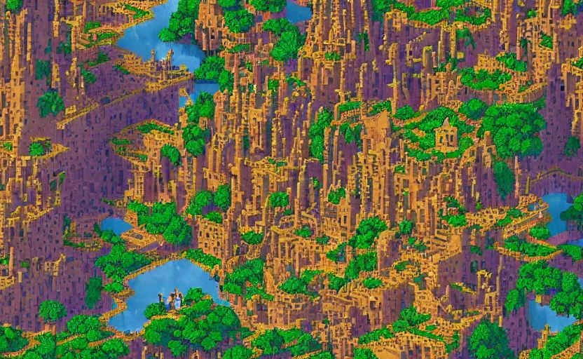 Prompt: pixel art style video game rpg based on a heavenly city with lush walkways, beautiful bioarchitecture design by kedem pitsou, m. c. escher, gaudi sagrada familia, and bisti badlands, emerald gold and beksinski, highly detailed, bokeh, beautiful, artstation