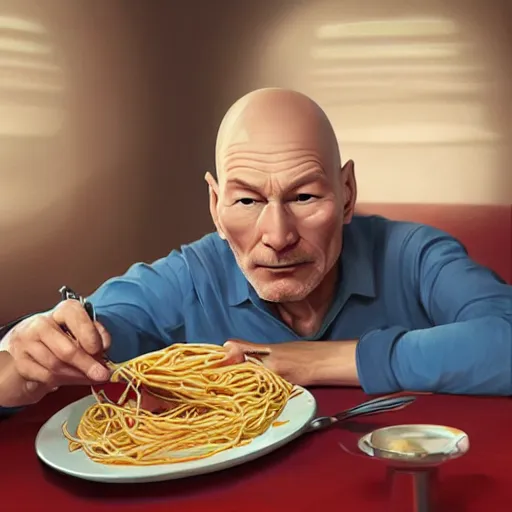 Prompt: patrick stewart eating spaghetti in a star ship concept art, ultra realistic, digital art, rich deep colors, smooth shadows, high resolution, cinematic