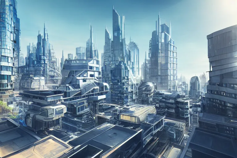 Image similar to rooftop view of a futuristic city highly detailed, photorealistic portrait, bright studio setting, studio lighting, crisp quality and light reflections, unreal engine 5 quality render