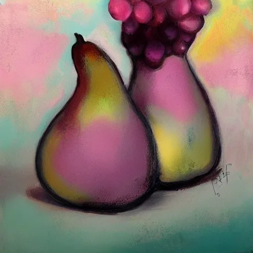 Image similar to abstract figurative art, style, lovers eat, julia pott style, pears, dreamy, muted, pastel colors