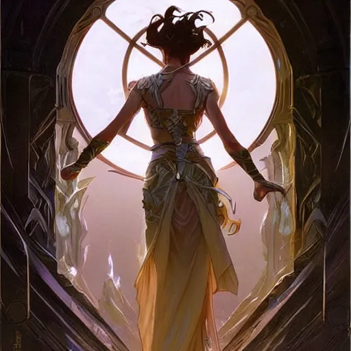 Prompt: a wizard casting a magical portal, beautiful dramatic fantasy painting by artgerm and greg rutkowski and alphonse mucha, crystal clear high detail.