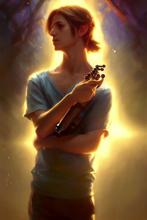 Image similar to cinematic shot of an epic portrait of link playing ocarina, shiny skin, beautiful eyes, beautiful, small details, night setting, realistic poster with volumetric light from craig mallism, artgerm, jeremy lipkin and michael garmash, unreal engine, radiant light, detailed and complex environment, digital art, trends at art station, a masterpiece