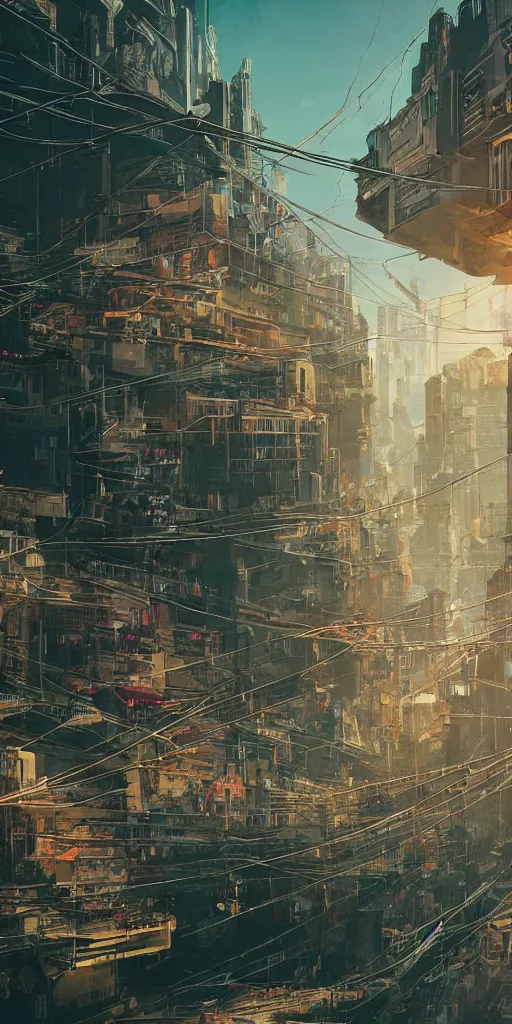 Prompt: gigantic building hovering above a city, long thick cables and trash hanging from underneath, rays of light, neon billboards and dried palmtrees in the streets, epic scene, scifi, illustration