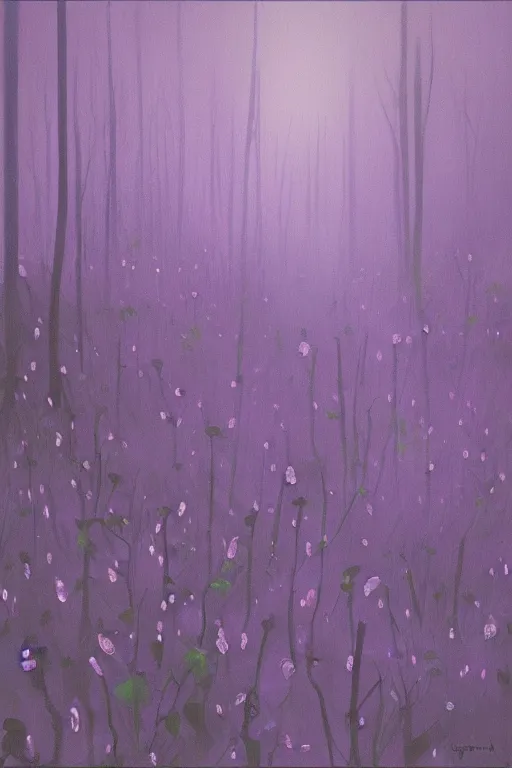 Image similar to moody painting of purple morning glory flowers growing in a forest dimly lit by morning light. muted colour palette painting painting by jamie hewlett