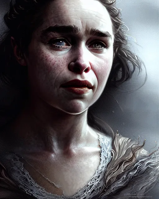 Prompt: emilia clarke pretty, character portrait, portrait, close up, concept art, intricate details, highly detailed by greg rutkowski, michael whelan and gustave dore