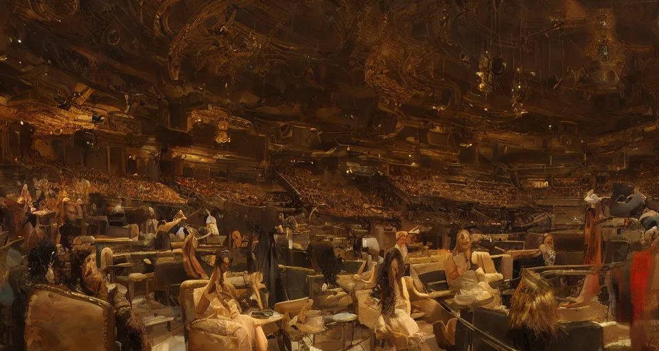 Image similar to craig mullins and ghibli digital art of inside the theater, on the stage, masked female violinists, exotic costumes, gold jewelry, black hair, solo performance unreal engine, hyper realism, realistic shading, cinematic composition, realistic render, octane render, detailed textures, photorealistic, wide shot
