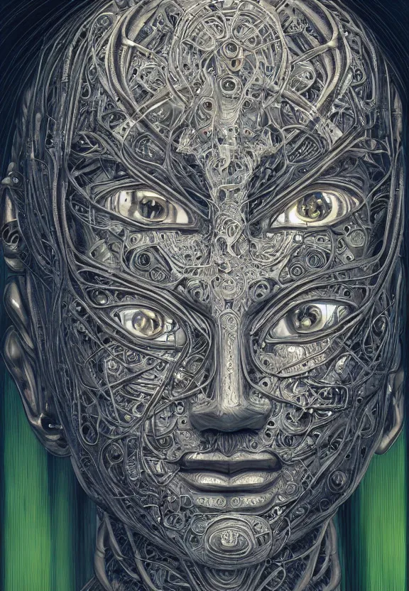 Image similar to perfectly centered portrait, front view of a beautiful biomechanical alien android robot buddha, female, flowing hair, intense stare, sarcastic smile, symmetrical, concept art, intricate detail, volumetric shadows and lighting, realistic oil painting by alex grey and gustave dore,