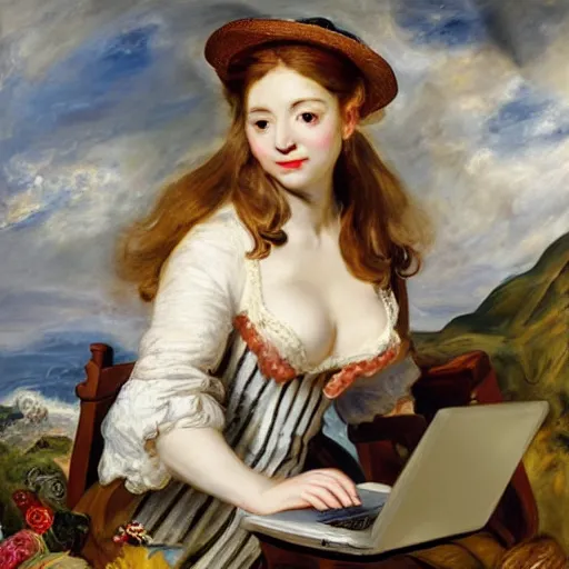 Image similar to heavenly summer sharp land sphere scallop well dressed lady working on her laptop auslese, by peter paul rubens and eugene delacroix and karol bak, hyperrealism, digital illustration, fauvist