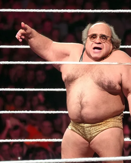 Image similar to danny devito as a wwe wrestler. photographic, photography