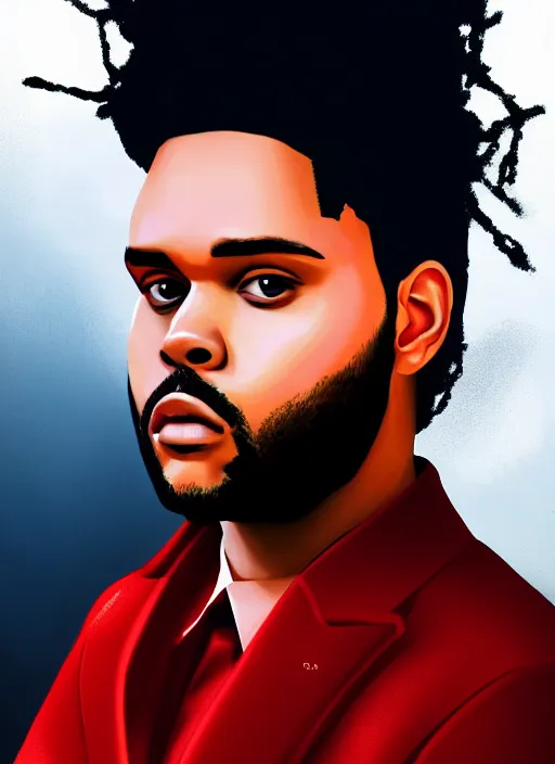 Prompt: a portrait of The Weeknd with a red suit, digital art, beautiful digital art, 4k, hd, artstation