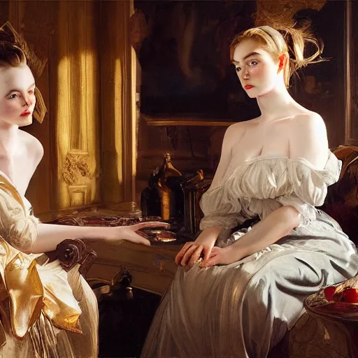 Prompt: leyendecker and peter paul rubens, head and shoulders portrait of a elle fanning, nighttime, interior of a flooded living room, unreal engine, fantasy art by global illumination, radiant light, detailed and intricate environment