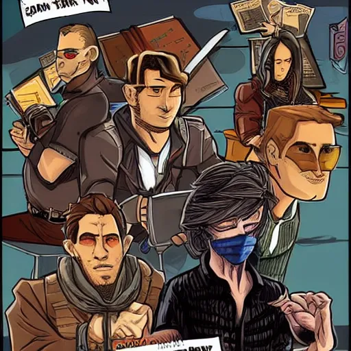 Image similar to four characters, a grifter, a hacker, a thief, and a mastermind in the style of a d & d cover