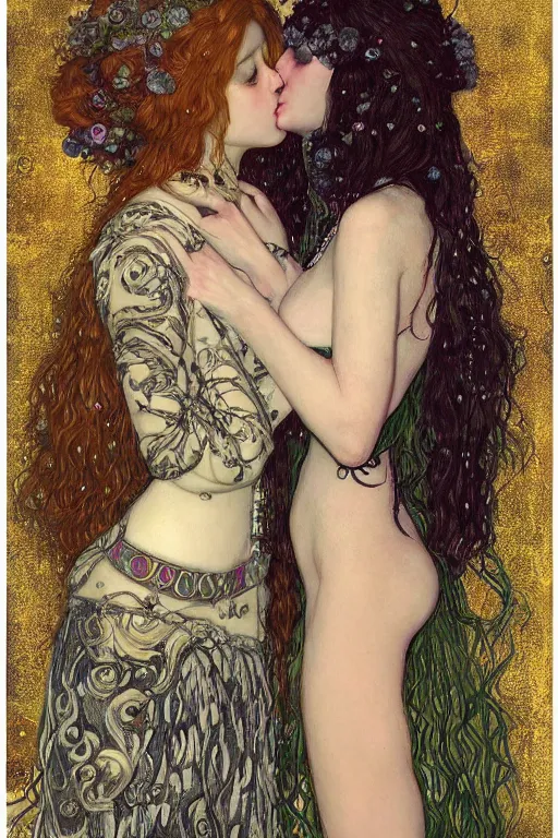 Image similar to portrait of two beautiful young gothic maidens kiss, dark fantasy, Warhammer, highly detailed, artstation, illustration, art by Gustav Klimt