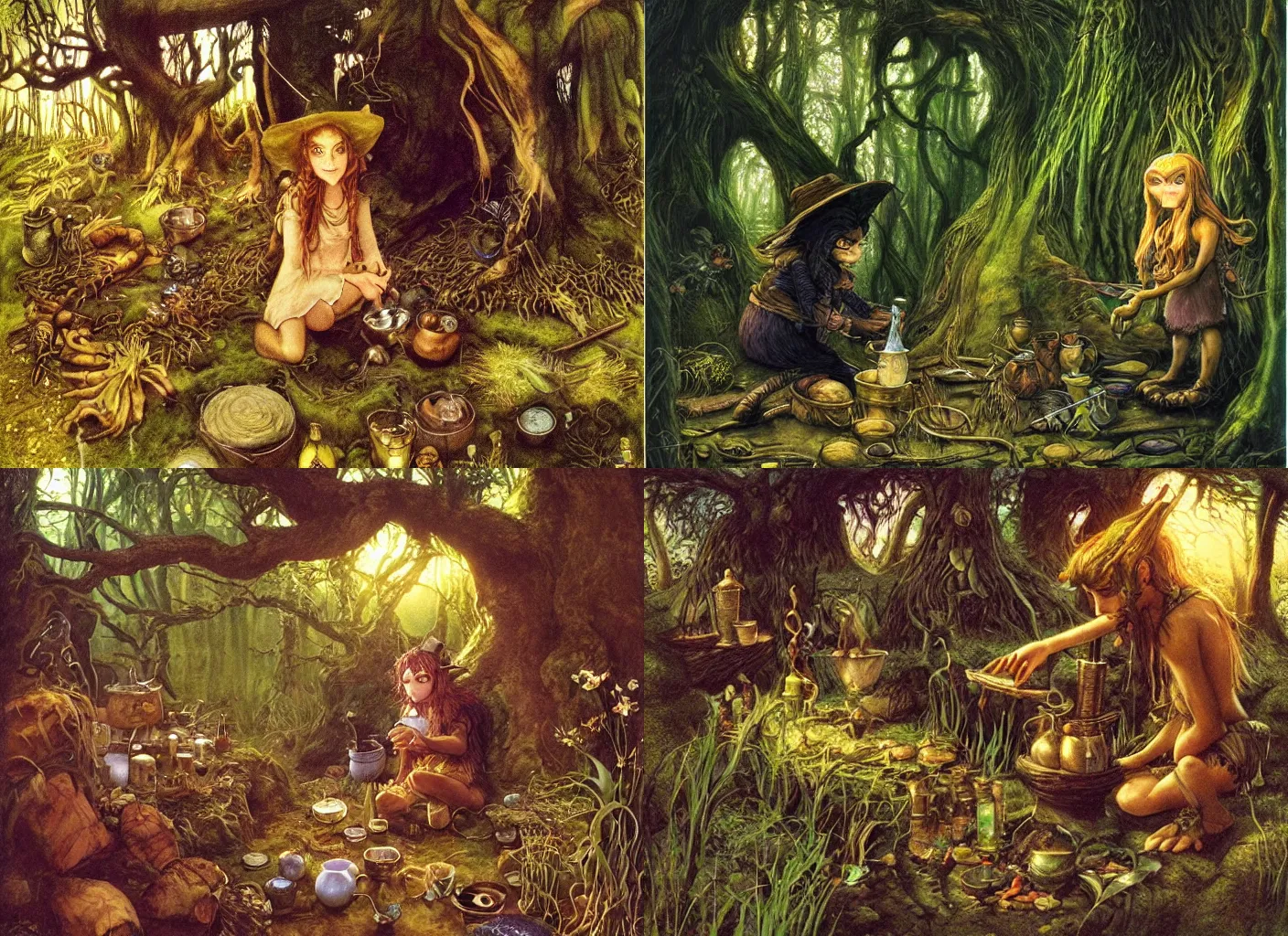 Prompt: a young witch making potions in the middle of the forest surrounded by feys, goblins and trolls, soft lightin, detailed, golden hour, by brian froud, beautiful, exotic