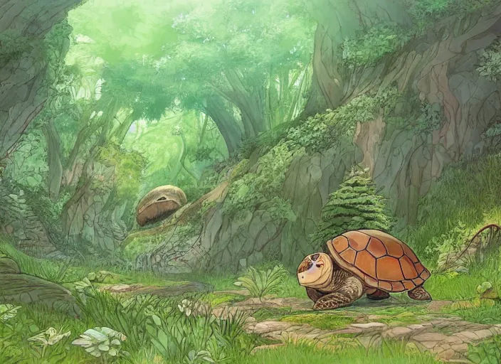 Prompt: a majestic turtle in a mythical forest next to a pathway, by ghibli studio and miyasaki, illustration, great composition