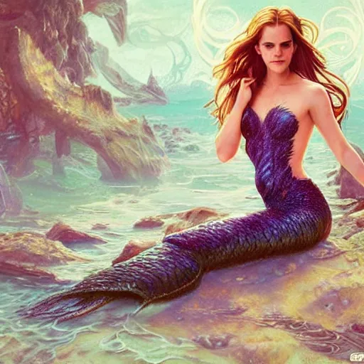 Image similar to Emma Watson as a beautiful mermaid, cute, fantasy, intricate, elegant, highly detailed, digital painting, 4k, HDR, concept art, smooth, sharp focus, illustration, art by artgerm and H R Giger and alphonse mucha