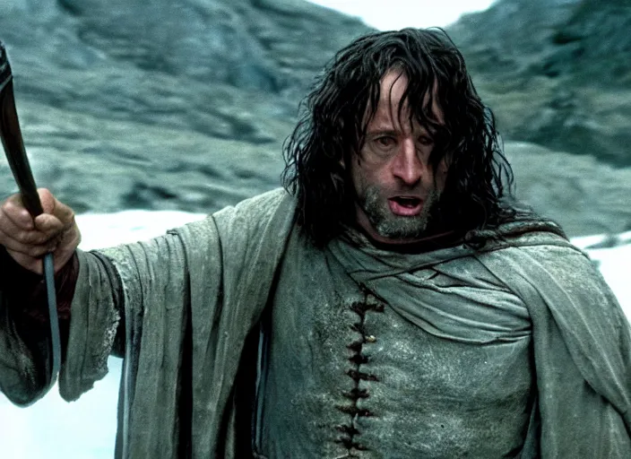 Image similar to film still of bernie sanders as aragorn in lord of the rings movie, 8 k