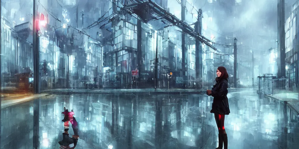 Prompt: a girl wearing a raincoat in a grim industrial cityscape looking into a puddle reflecting a vibrant fantasy forest landscape, artwork by Artgerm, trending on artstation, award winning