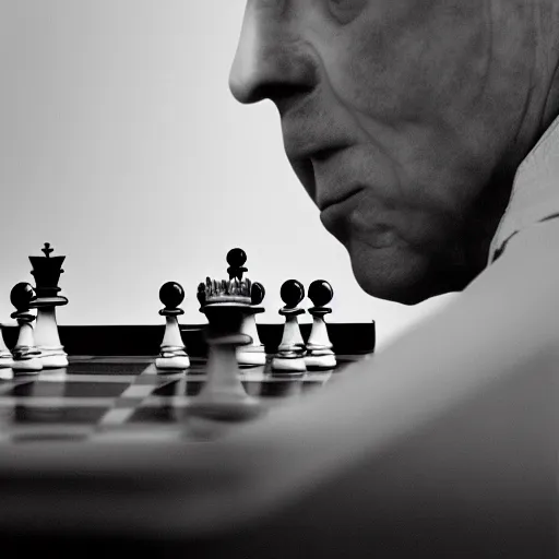 Prompt: close-up portrait of Marcel Duchamp playing chess against a futuristic machine, long exposure, minimal composition, packshot, archival pigment print