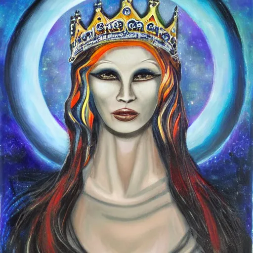 Prompt: Artemixel, the modern reincarnation of the old selenium god of hunt and moon, also known as Artemis the Selene, carrying the celebrated Crown of the Crescent Moon, wich its usual bright and slightly bluish crescent like the brightness of the night. Portrait by Nicola Samuri, oil on canvas