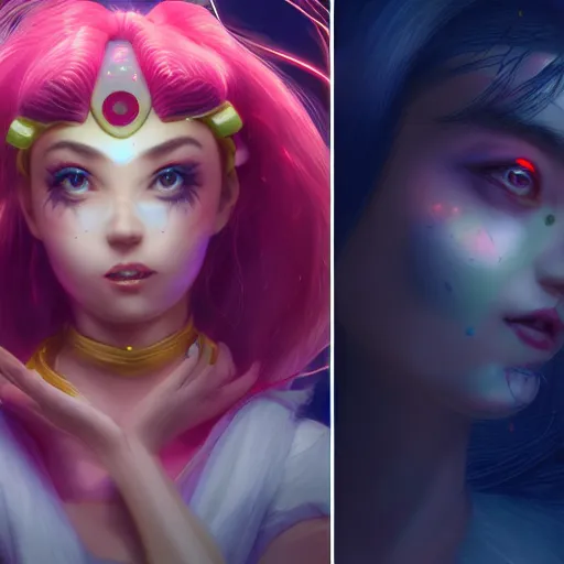 Image similar to A portrait of Sailor-Moon, huggy wuggy from poppy playtime video game, fullbody, ultra high detailed, glowing lights, oil painting, Greg Rutkowski, Charlie Bowater, Beeple, unreal 5, DAZ, hyperrealistic, octane render, RPG portrait, dynamic lighting, fantasy art, beautiful face