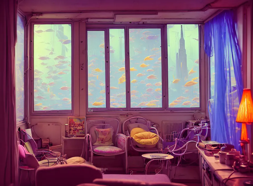 Image similar to telephoto 7 0 mm f / 2. 8 iso 2 0 0 photograph depicting the feeling of chrysalism in a cosy cluttered french sci - fi ( art nouveau ) cyberpunk apartment in a pastel dreamstate art cinema style. ( aquarium, computer screens, window ( city ), fish tank, lamp ( ( ( armchair ) ) ) ), ambient light.