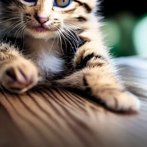 Image similar to award winning photograph of a kitten sitting on a table