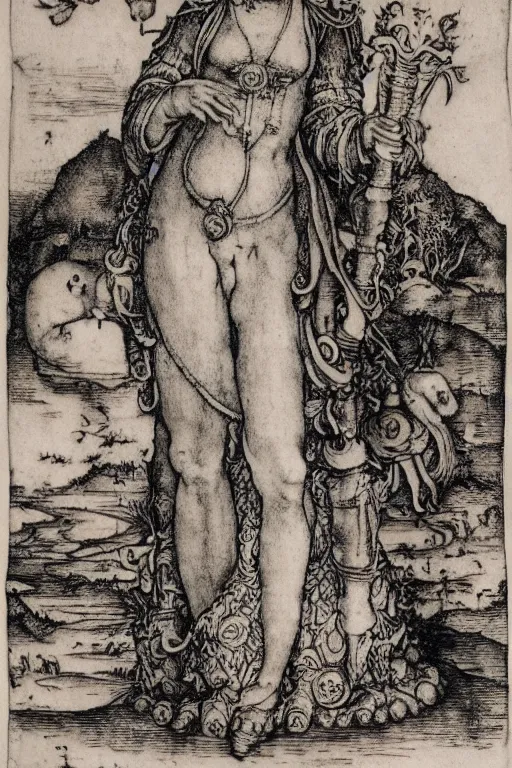 Image similar to albrecht durer, albrecht altdorfer, hans holbein, lucas cranach, gustave dore, engraving-style tattoo of regal female boddhisatva with the attributes of Diana, Athena, Guanyin, Shakti, Isthar, Deborah, and Seshat, wearing a robe, standing gracefully upon a lotus, surrounded by egrets and northern wetland flora