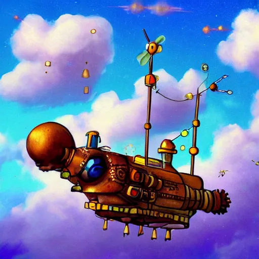 Prompt: Cloudjumper, a steampunk world with cute flying ships in fluffy colorful clouds and soft light