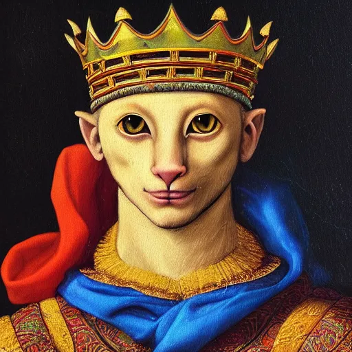 Prompt: A renaissance oil painting of a cat king with his crown and in his royal robe. Extremely detailed. Vibrant bright colours. High saturation. Extremely moody lighting. Atmospheric. Cinematic. Intricate. 8K. Stunning.