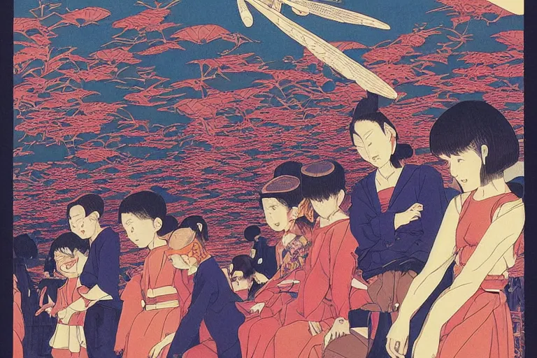 Image similar to gigantic dragonflies with human faces catch tiny robots, a lot of exotic mechas robots around, human heads everywhere, risograph by kawase hasui, dirtyrobot, edward hopper, satoshi kon and moebius, colorful flat surreal design, super - detailed, a lot of tiny details, fullshot